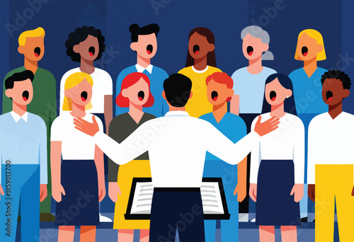 Diverse singers in a chorus perform under a conductor's direction
