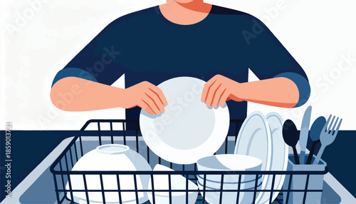 Person with hands placing plate into dish rack filled with dishes