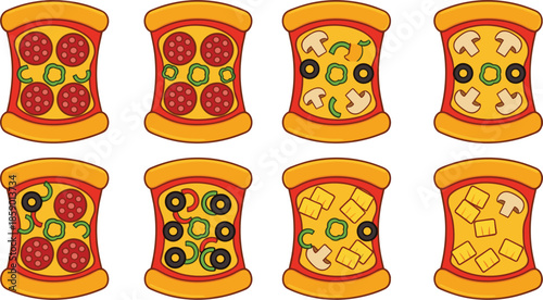 A set of eight rectangular vector pizza pockets or pizza snacks with varied toppings like pepperoni, mushrooms, olives, and peppers.