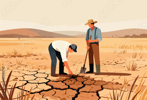 Two farmers survey barren cracked earth in a parched, arid landscape