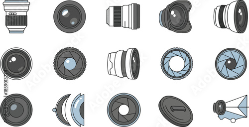 Professional camera lens and photography equipment vector icons.
