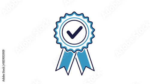 A blue and white award ribbon with a checkmark inside a circle, symbolizing quality or approval.