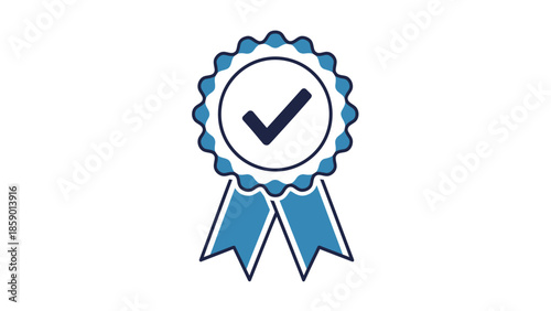 A blue and white ribbon award with a checkmark inside a circle, signifying approval or quality.