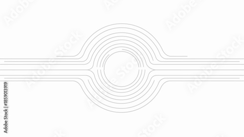 Abstract minimalist graphic design featuring concentric circles and parallel lines on a white background.