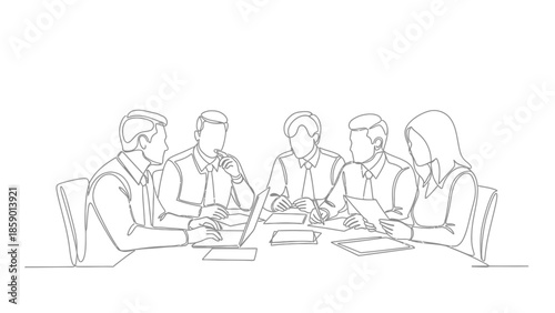 A group of five professionals in a meeting, discussing and collaborating around a table with laptops and documents.