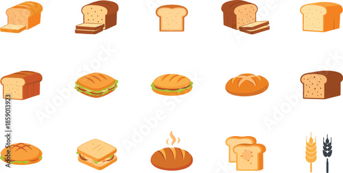 Fresh bread and bakery products vector icons collection.