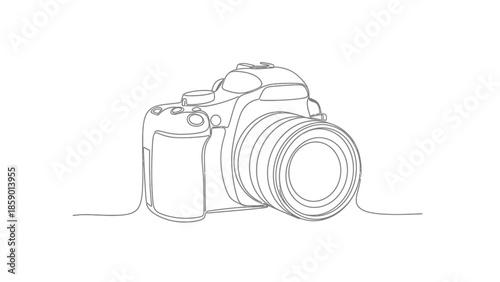 A minimalist line art illustration of a DSLR camera with a lens attached, presented on a white background.