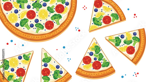 Fresh vector pizza collection featuring whole pie and individual slices topped with healthy broccoli, tomatoes, lemon slices, and blueberries for creative food design.