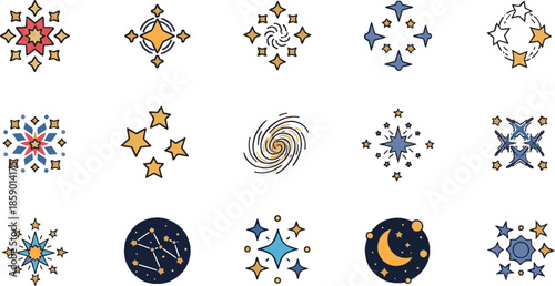 Sparkling stars and galaxy space vector icons collection.