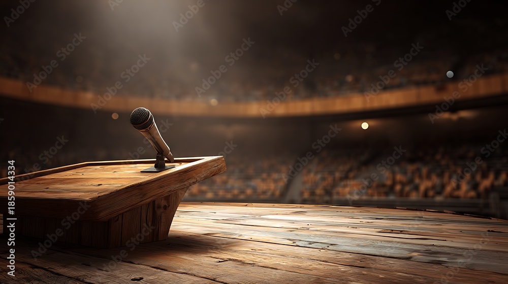 Obraz premium Wooden podium and microphone on stage, audience blurred in background. Warm light ambiance