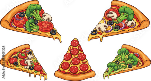 Detailed vector collection of five pizza slices featuring healthy broccoli, mushrooms, tomatoes, and classic pepperoni toppings for Italian restaurant menu marketing.