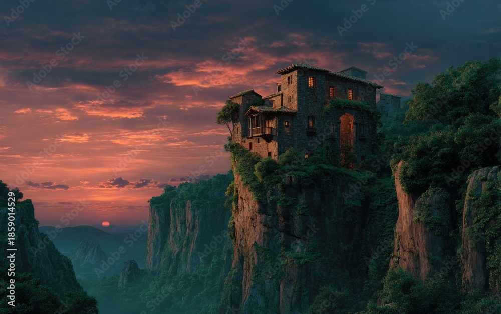 Fototapeta premium Dramatic landscape with a building on a cliff edge at sunset