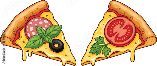 Two delicious vector illustrations of pizza slices with melting dripping cheese, salami, olives, and fresh tomato toppings for Italian restaurant menu design.