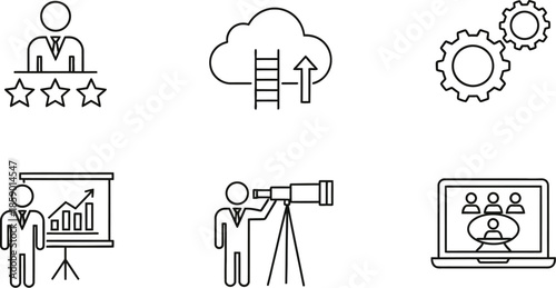 Business strategy and technology outline illustration vector icons for corporate development isolated on white background
