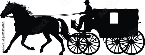Horse-drawn carriage silhouette, traditional transportation with a driver on a vintage covered wagon or stagecoach, black vector illustration.