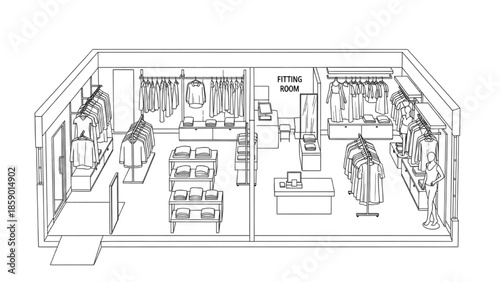 High-Quality Black Line Art Side View of Small Retail Shop Floor Plan with Clothing Display Zones