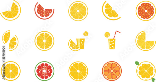 Collection of citrus fruit slices and fresh juice icons - orange, lemon, and grapefruit flat vector illustrations isolated on white.