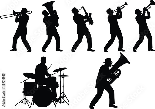 Jazz musicians band playing brass wind instruments and drums in concert or music festival event, black silhouette vector illustration.