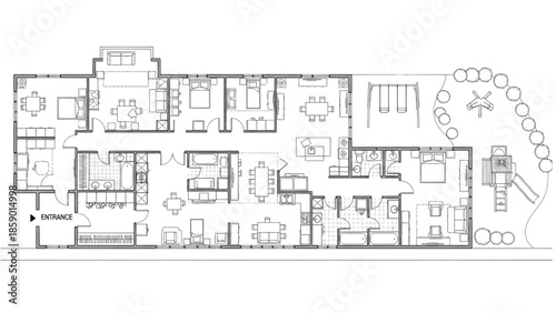 High-Quality Black Line Art of Daycare and Preschool Floor Plan Layout