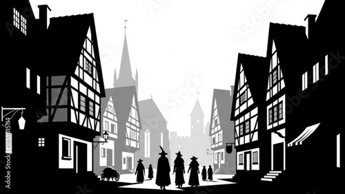 A black and white illustration of a medieval town street with people walking, featuring traditional halftimbered houses and a church steeple in the background
