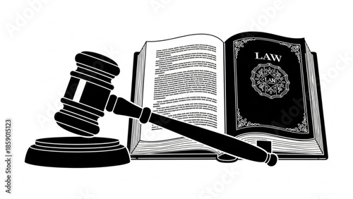 A black and white illustration of a gavel and law book on a with a pen