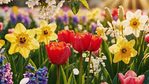 A vibrant spring garden with a variety of colorful flowers in full bloom.