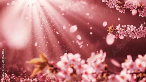 Cherry blossom petals falling in a dreamy, sunlit garden.