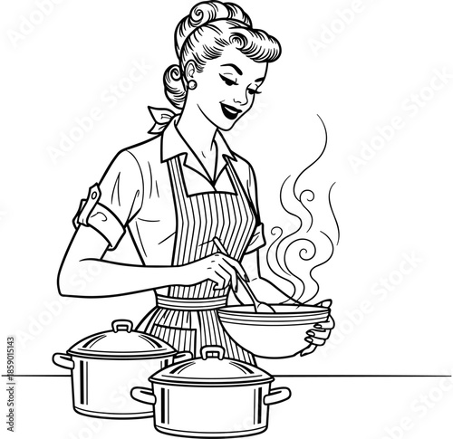Vintage retro housewife woman in apron cooking in kitchen vector illustration, classic americana design for home cooking and recipe blog