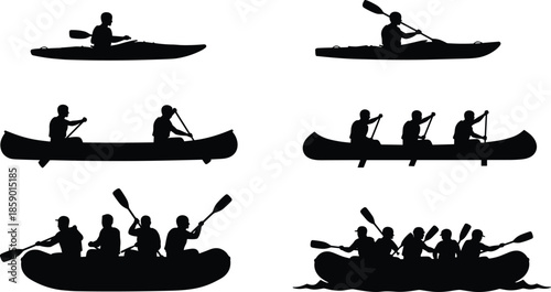 Kayaking, Canoeing, and Rafting Silhouettes Set, People Paddling Water Sports Vector, Group River Raft Adventure, Outdoor Aquatic Recreation Graphic Design.
