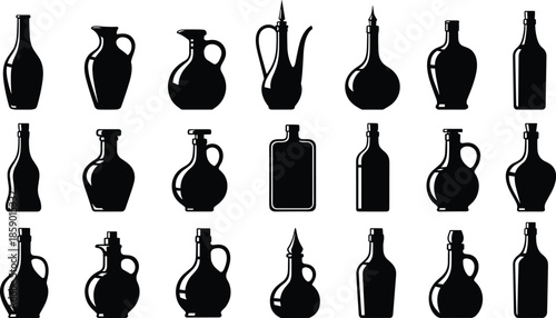 Bottle and jug silhouettes set with various glass containers, vinegar and oil bottles, kitchen storage and decorative glass icons isolated on white background vector