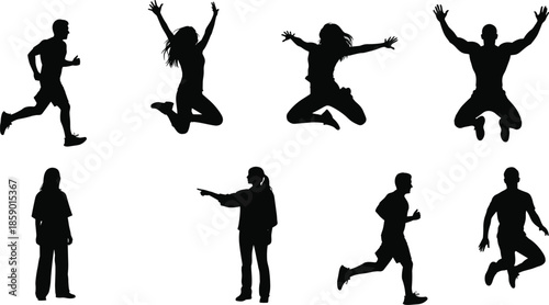 Active people silhouettes set, male and female figures running, jumping, cheering, and gesturing, diverse motion poses for fitness and success vector illustration collection