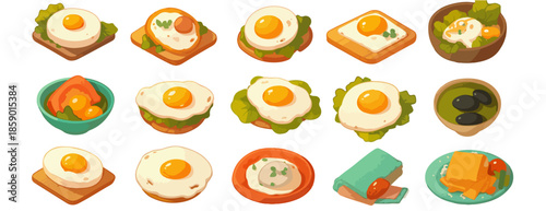 Zestaw ilustracji jedzenia: jajka sadzone, tosty, sałatki i inne przysmaki na białym tle.
