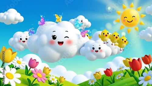 Happy cartoon clouds and chicks flying in a vibrant blue sky with a smiling sun and colorful flowers.