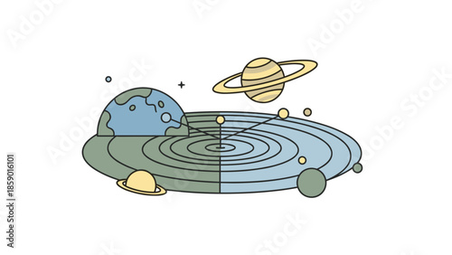 Colorful illustration of the solar system with planets and orbits.