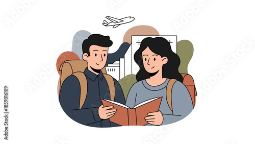 Couple reading a travel guide planning their vacation adventure together.