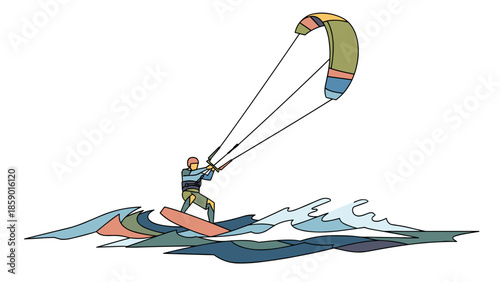 Energetic kitesurfer riding waves with colorful kite and board.