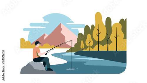 Fisherman fishing in the river enjoying the beautiful nature scenery.