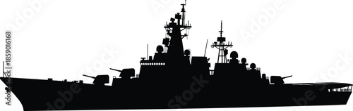 Large Naval Warship Destroyer Silhouette Vector, Military Boat, Navy Vessel, Marine Defense, Maritime Combat, Army Fleet Transport