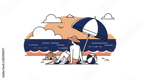 Relaxing beach scene with person under umbrella enjoying the sun and sea.