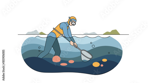 Scuba diver collecting specimens in the ocean with a net illustration.
