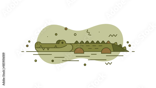 Stylized illustration of a green crocodile floating in the water simple design.