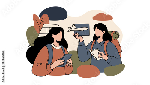 Two young women planning a trip with a travel theme illustration.