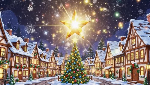 A festive Christmas village scene with a brightly lit Christmas tree and a shining star in the night sky.