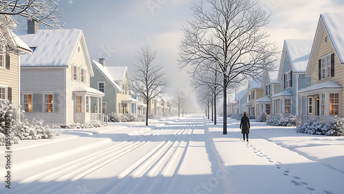 snowy residential street with houses and a person walking transparent background