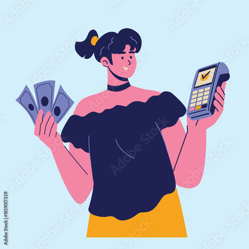 customer woman paying with post terminal illustration