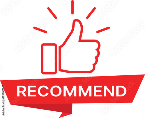 Red thumbs up with recommend text on banner white approval