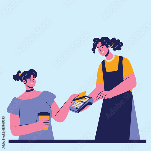 digital transaction at coffeeshop illustration