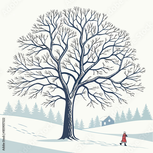 A solitary figure walking near a large tree in a winter landscape
