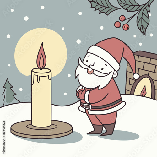 Santa claus admiring a glowing candle with festive winter decor around him