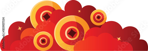 Golden Chinese Coins Red Auspicious Clouds Abstract New Year Prosperity Vector Graphic Asset